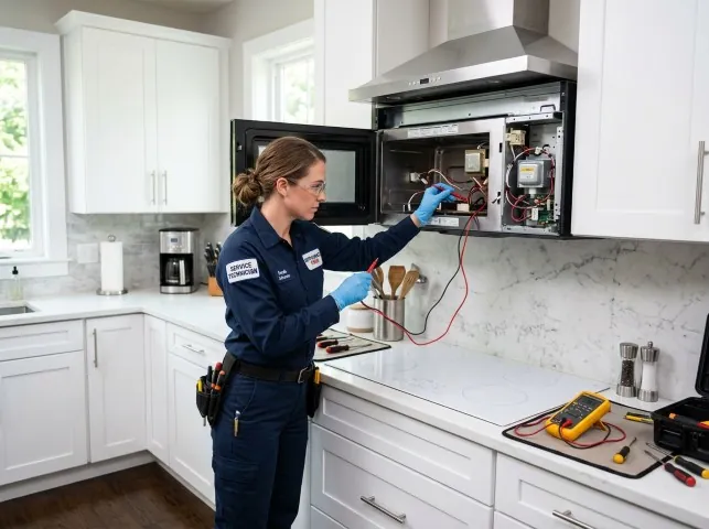 Appliance Repair Hero technician testing an over-the-range microwave in a Blowing Rock, NC kitchen